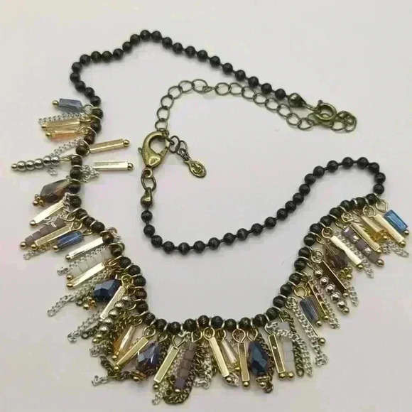Premier Jewelry necklace with dark beads and gold, purple and white dangles. - Picture 1 of 4